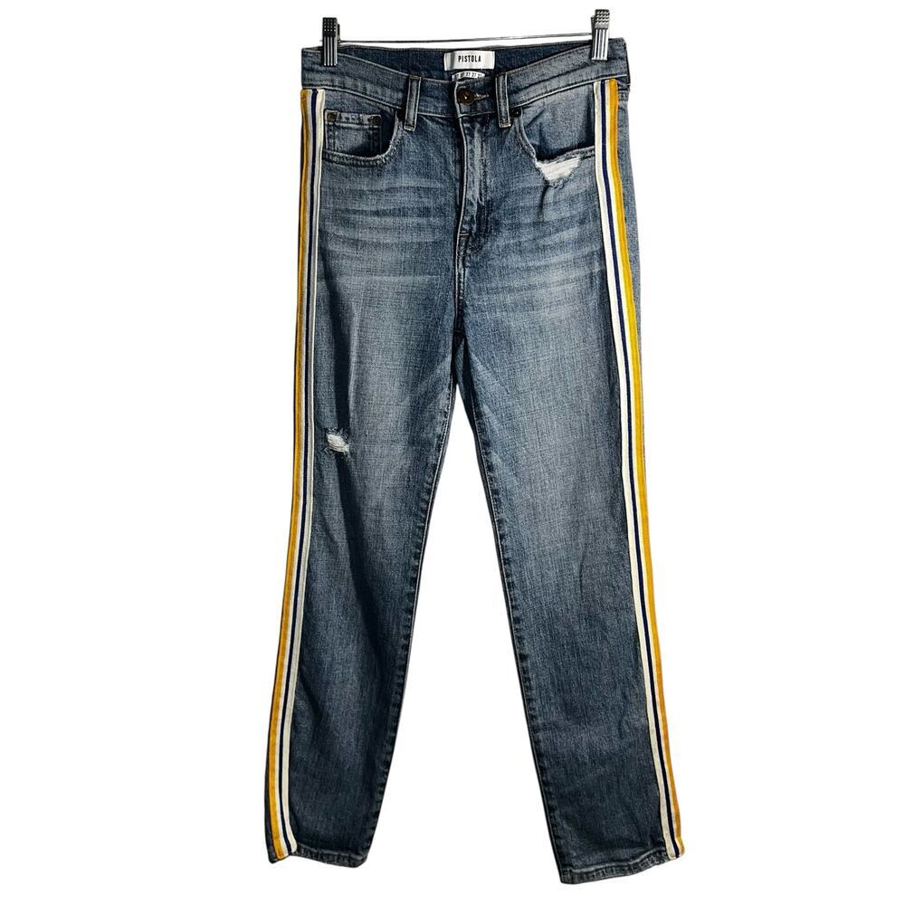 Pistola Charlie High Rise Straight Jeans Size 27 Side Stripe Distressed Denim